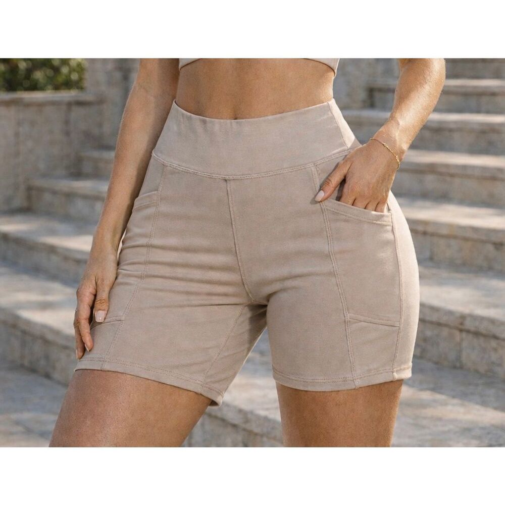 American Eagle Bike Shorts Medium Taupe High Rise Pocket Athleisure